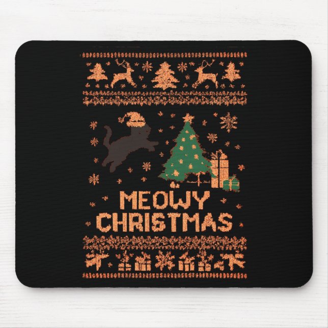 Mousepad Meowy Christmas Xmas Tree Cat Ugly Sweater Pajamas (Frente)