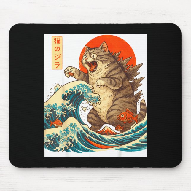 Mousepad Meowzilla Catzilla Cat Japanese Art Funny For Men  (Frente)