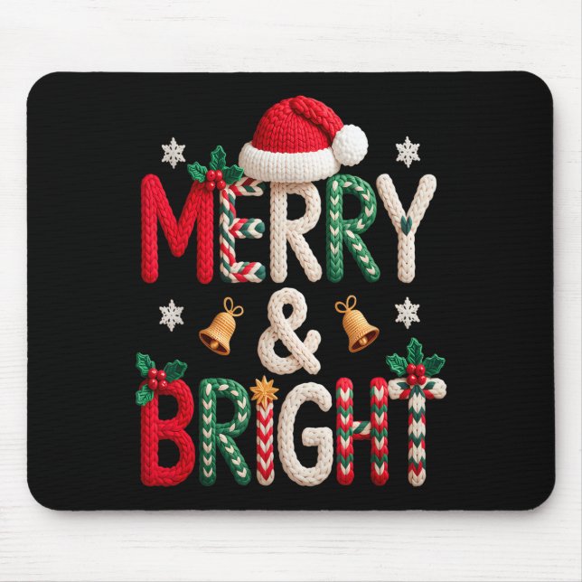 Mousepad Merry &amp; Bright Christmas Santa Hat Crochet Kni (Frente)