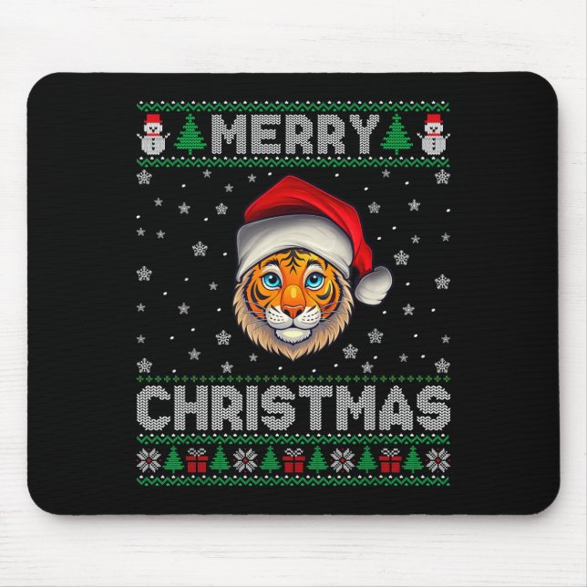 Mousepad Merry Christmas 2025 Tiger Santa Hat Ugly Xmas  (Frente)