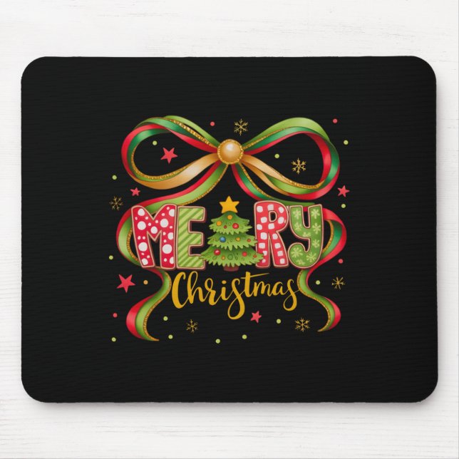 Mousepad Merry Christmas Coquette Bow Preppy Xmas Tree Girl (Frente)