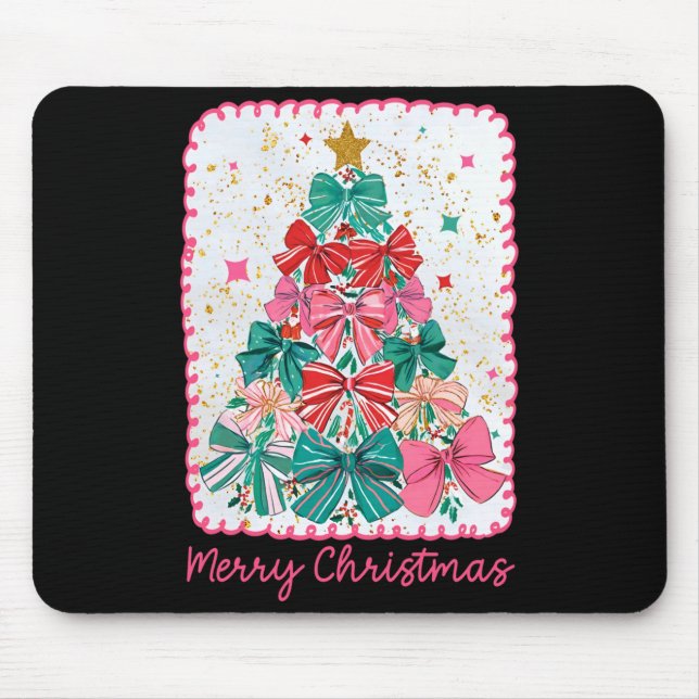 Mousepad Merry Christmas Coquette Bow Xmas Tree Holiday Gir (Frente)