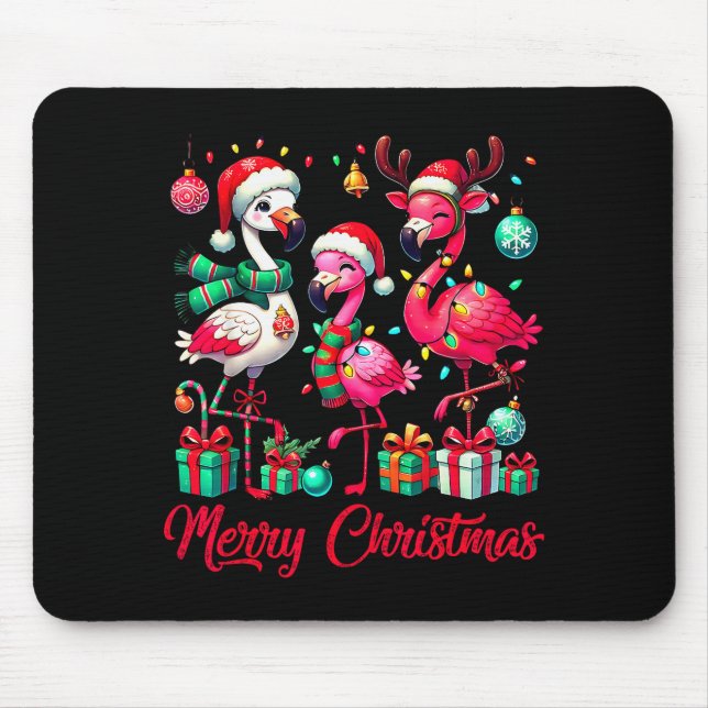 Mousepad Merry Christmas Lights Flamingo Santa Hat Snow Xma (Frente)