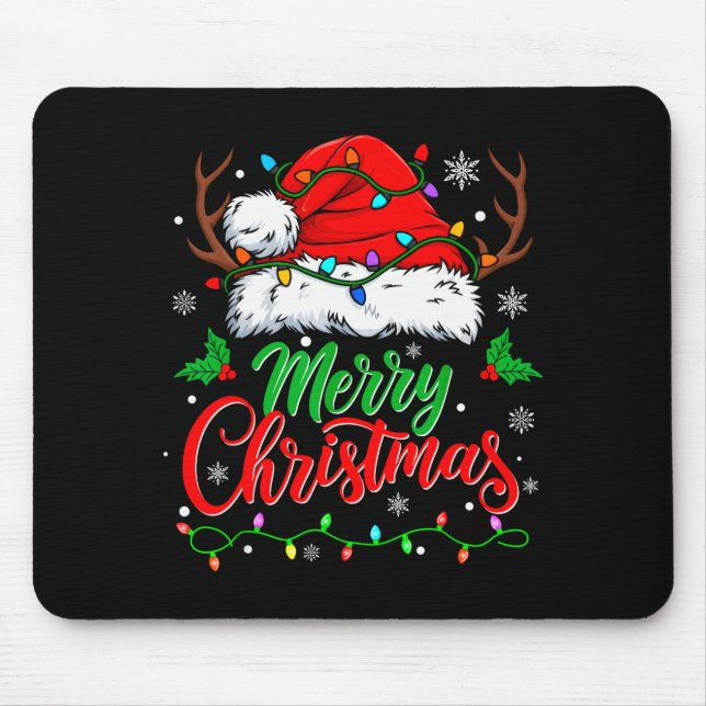 Mousepad Merry Christmas Lights Red Santa Hat Xmas Family M (Frente)