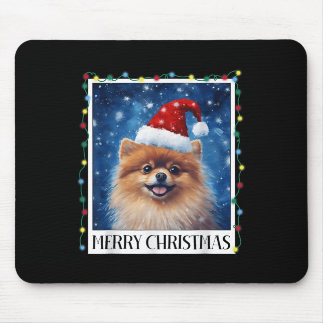 Mousepad Merry Christmas Meranian Santa Hat Xmas Dog Lights (Frente)