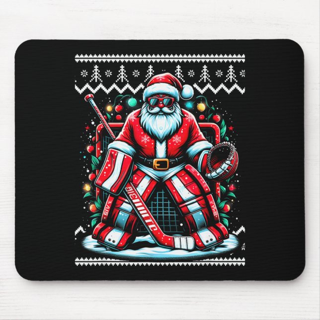 Mousepad Merry Christmas Santa Hockey Goalie Ugly Christmas (Frente)