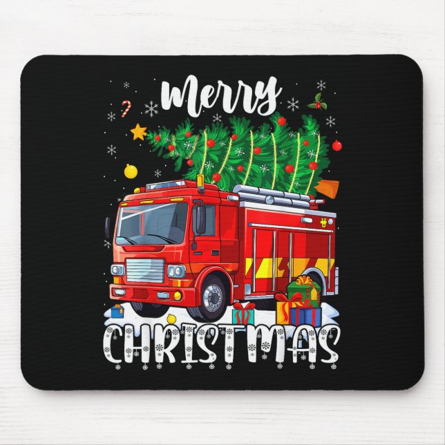 Mousepad Merry Christmas Tree Firetruck Pajama Firefighter  (Frente)