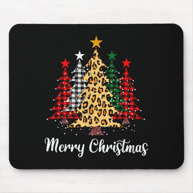 Mousepad Merry Christmas Trees With Buffalo Plaid &amp; Leo (Frente)