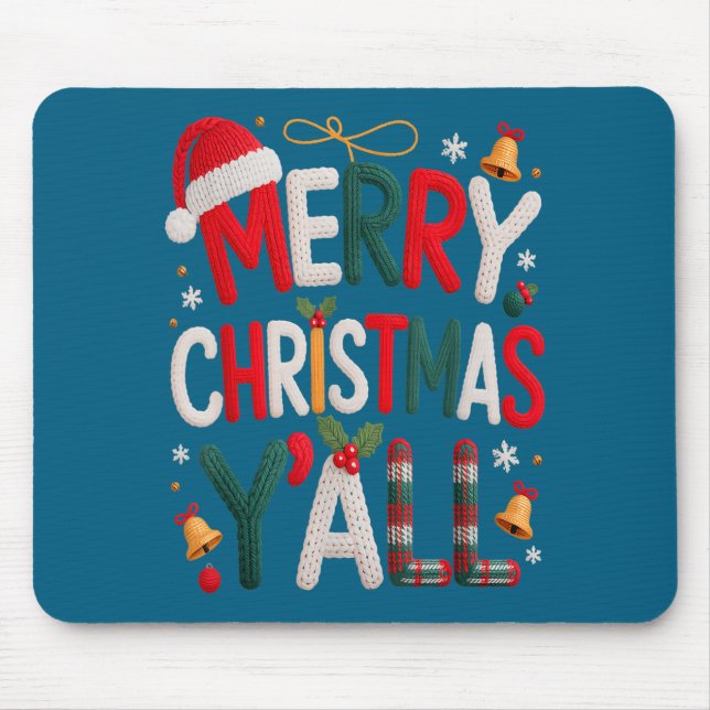 Mousepad Merry Christmas Y'all Santa Hat Crochet Knitting Q (Frente)