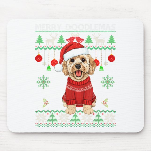 Mousepad Merry Doodlemas Goldendoodle Wearing Ugly Christma (Frente)