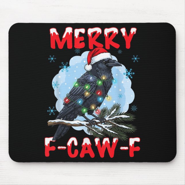 Mousepad Merry F-caw-f Crow Christmas Snowflake Xmas Lights (Frente)
