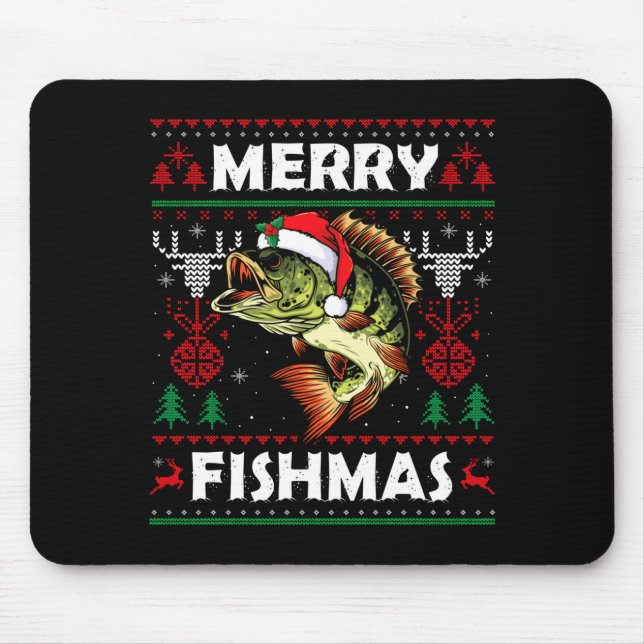 Mousepad Merry Fishmas B Fish Fishing Christmas Ugly Sweate (Frente)