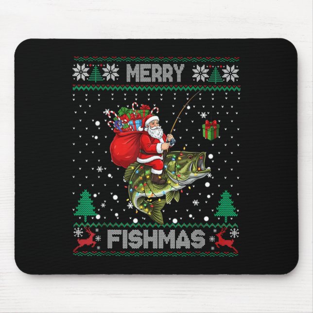 Mousepad Merry Fishmas B Fish Fishing Christmas Ugly Sweate (Frente)