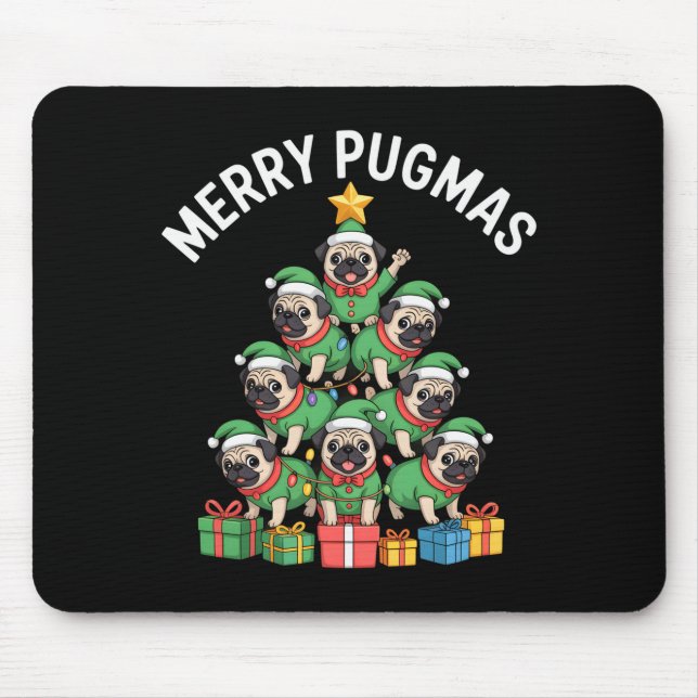 Mousepad Merry Pugmas Funny Pug Christmas Tree Holiday Long (Frente)