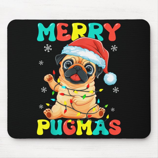 Mousepad Merry Pugmas Pug Christmas Santa Pug Xmas Lights D (Frente)