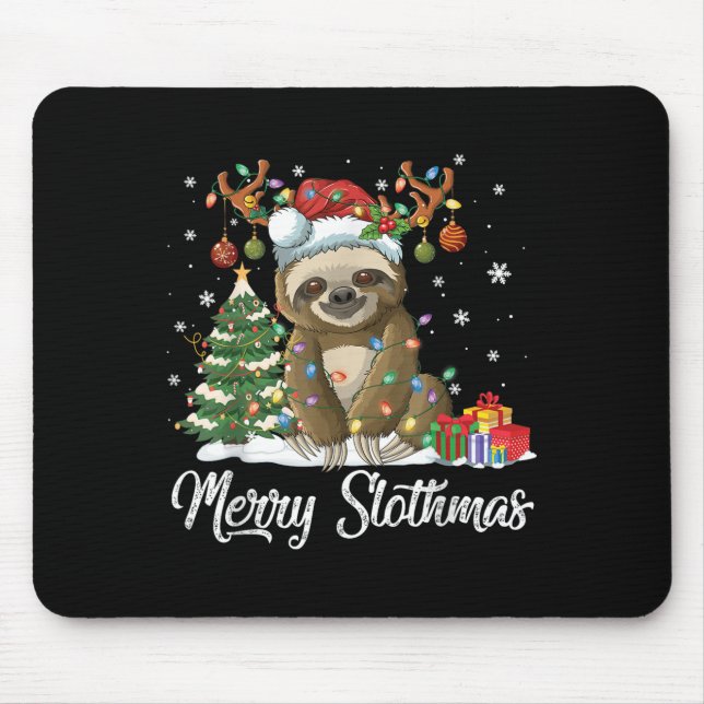 Mousepad Merry Slothmas Funny Sloth Christmas Tree Lights X (Frente)