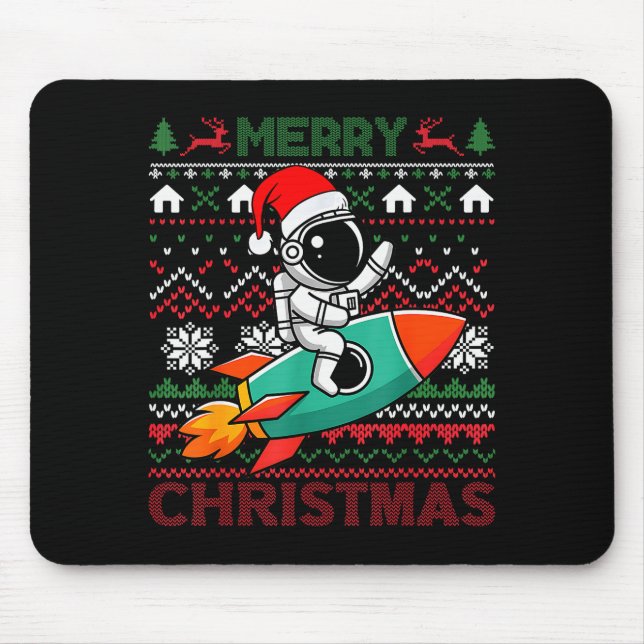 Mousepad Merry Ugly Christmas Santa Hat Astronaut Riding Ro (Frente)