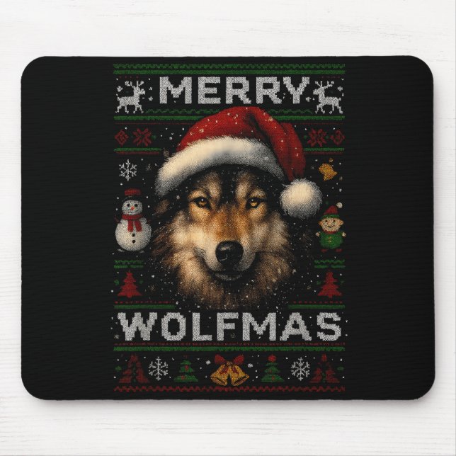 Mousepad Merry Wolfmas Merry Christmas Wolf Ugly Sweater Fu (Frente)