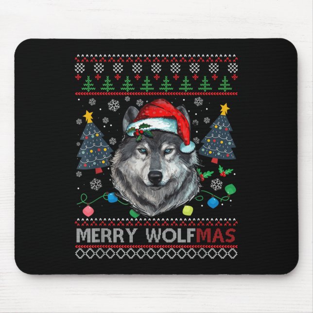 Mousepad Merry Wolfmas Merry Christmas Wolf Ugly Sweater Fu (Frente)