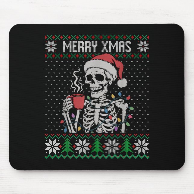 Mousepad Merry Xmas Skeleton Ugly Sweater, Skull Wearing Sa (Frente)