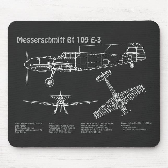 Mousepad Messerschmitt Bf 109 - Airplane Blueprint PD (Frente)