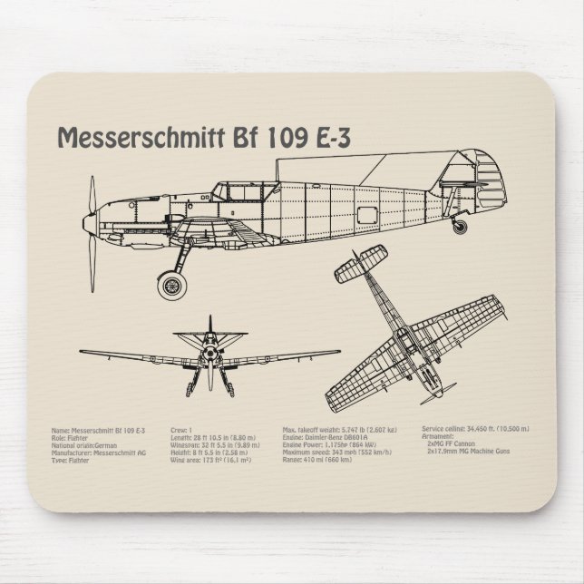 Mousepad Messerschmitt Bf 109 - Airplane Blueprint SD (Frente)