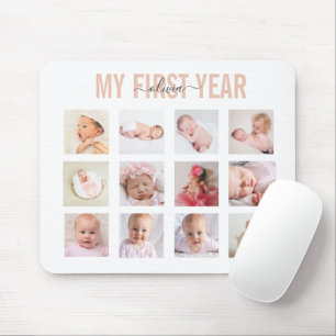 Mousepad Meu Primeiro Ano Bebê Menina 12 Colagem de Fotos