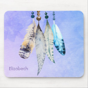 Mousepad Miçangas de Aquarela 'n Penas em Púrpura Azul