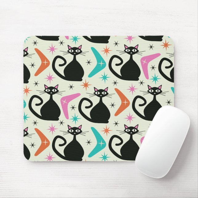 Mousepad Mid Century Black Atomic Cats with Boomerangs  (Com mouse)