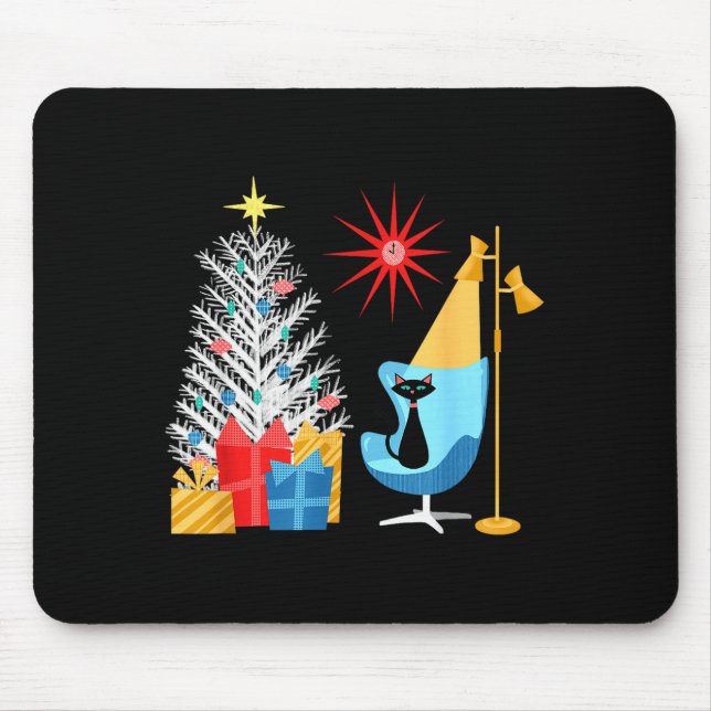 Mousepad Mid-century Modern Christmas Tree And Cat In Retro (Frente)