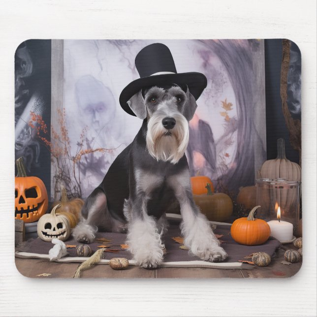 Mousepad Miniatura Schnauzer Pumpkins Halloween Assustado (Frente)