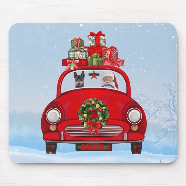 Mousepad Miniature Pinscher Dog In Car With Santa Claus  (Frente)