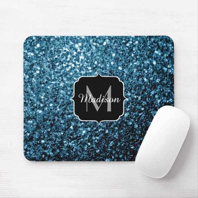 Mousepad Minigrama azul-claro-bebê brilha brilho monograma (Com mouse)