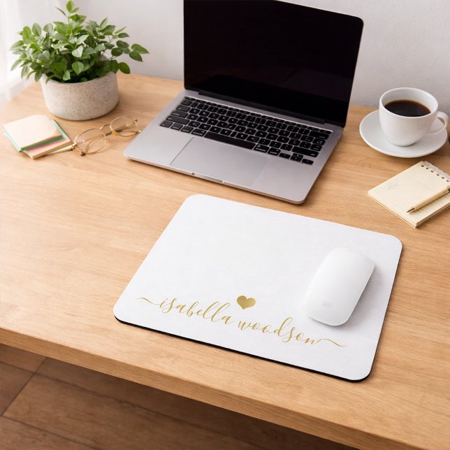 Mousepad Minimal Gold Heart Script Signature Name  (Criador carregado)