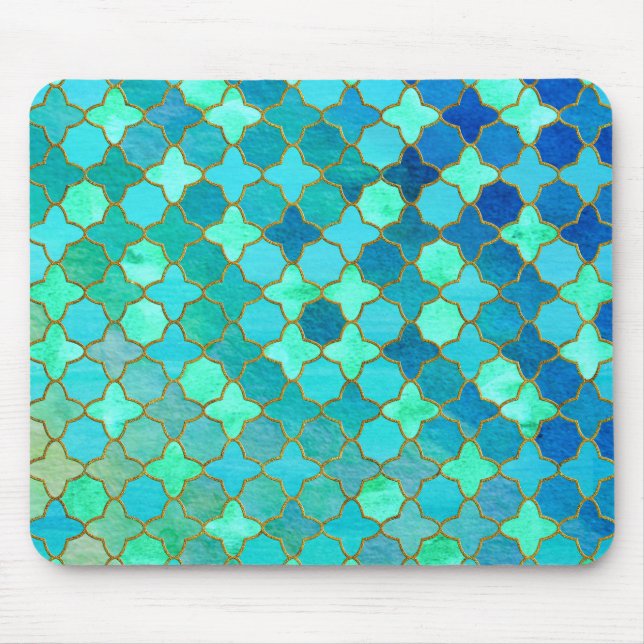 Mousepad Mint Aqua Teal Dourado Padrão do Azulejo Oriental  (Frente)