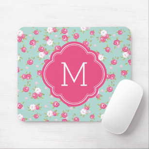 Mousepad Mint e Pink Chic Vintage - Monograma de Impressão 