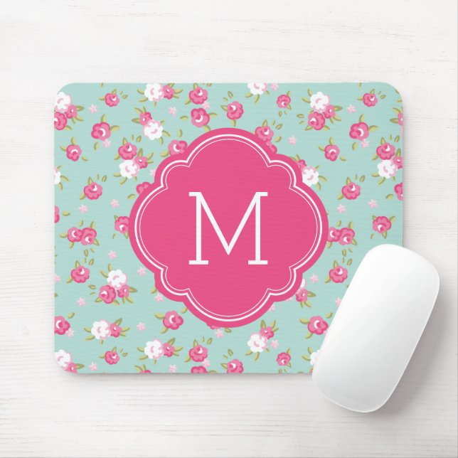 Mousepad Mint e Pink Chic Vintage - Monograma de Impressão  (Com mouse)