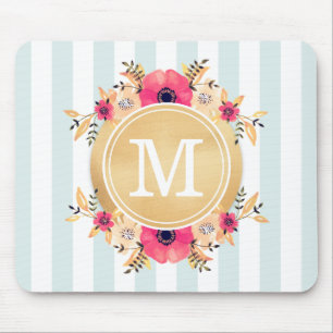 Mousepad Mint Stripes Aquarela Flores Falso Monograma Doura