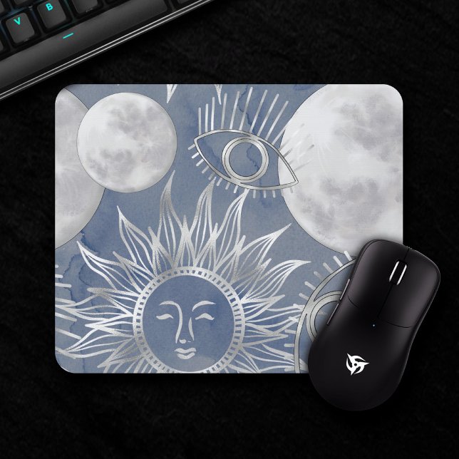 Mousepad Mística Solar | Lua azul-poeirenta Estrelas dourad (Criador carregado)