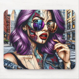 Mousepad Moça Abstrato Bonito Colorida com Cabelo Roxo