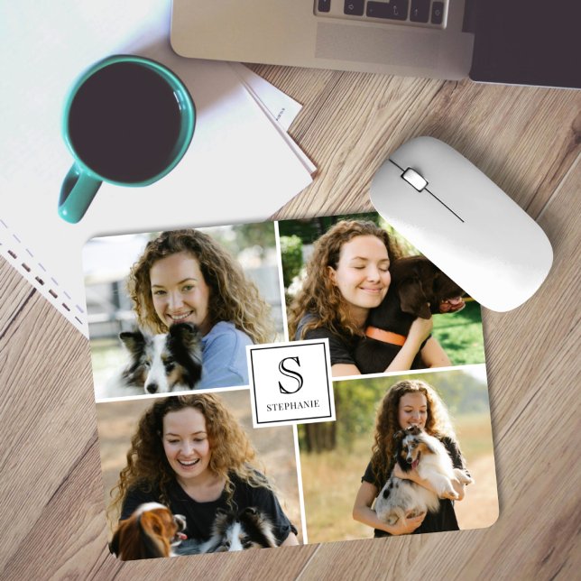 Mousepad Modelo de colagem de fotos 4 com monograma e nome  (Criador carregado)
