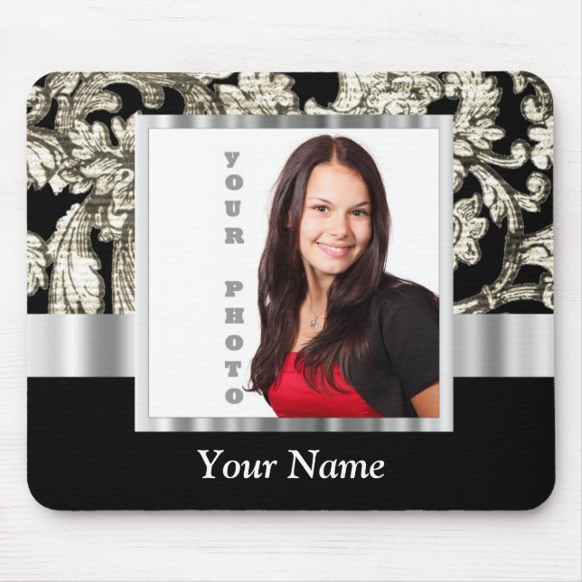 Mousepad Modelo de damasco floral preto e branco (Frente)