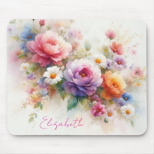 Mousepad Modelo de nome de script personalizado com flores  (Frente)