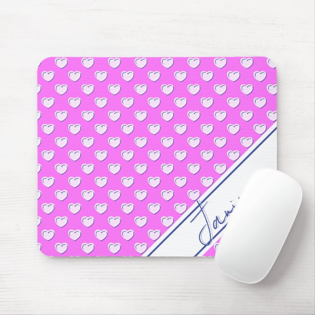 Mousepad Modelo de Nome Personalizado Corações Lindos Rosa  (Com mouse)