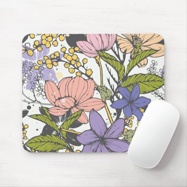 Mousepad Modelo Floral padrão moderno de jardim branco (Com mouse)