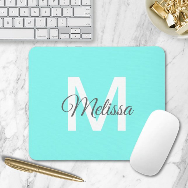 Mousepad moder chic minimalista monograma turquesa aqua azu (moder chic minimalist monogram turquoise aqua blue mouse pad)