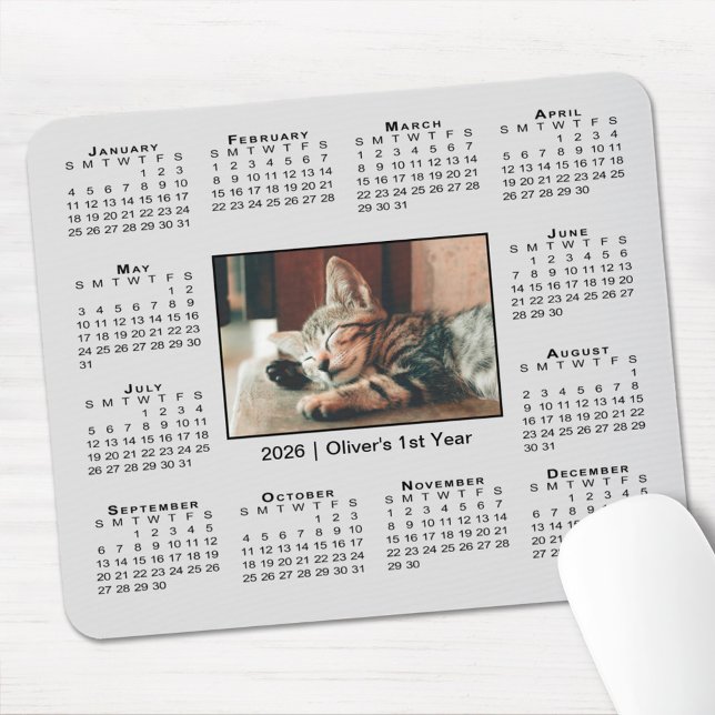 Mousepad Modern 2026 Calendar Your Photo Name on Grey (Modern 2026 Calendar Your Photo Name on Grey Mouse Pad, in situ)