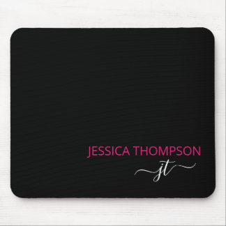 Mousepad Modern Black Hot Pink Simple Script Monogram Name 