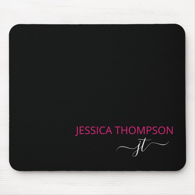 Mousepad Modern Black Hot Pink Simple Script Monogram Name  (Frente)