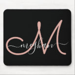 Mousepad Modern Black Pink Handwritten Name Monogrammed<br><div class="desc">Modern, elegant, minimalist black and pink custom personalized name monogrammed mouse pad. This design features a huge hand-written monogram initial and first name text template in pink, white color on black background. The first name text template is written in a pretty hand lettered script font with swashes. If you want...</div>